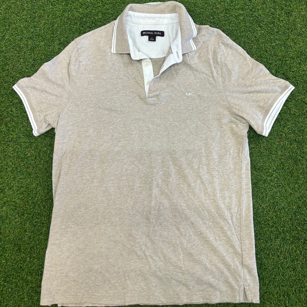 Michael Kors Mens Tan Heather Short Sleeve Polo Shirt MK Logo Size M‎